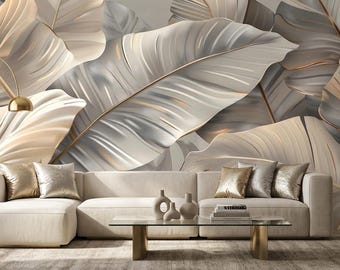 Elegancka metaliczna fototapeta z liściem bananowca, tapeta tropikalna, glamour