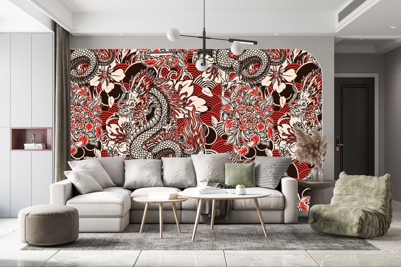 Red Fire Dragon Wallpaper Mural, Asian Inspired Peel and Stick Wall Art ...