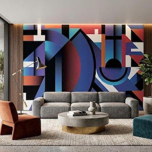 Geometric Bauhaus Wall Mural, Bold Blue Industrial Loft Art, Custom Constructivist Wallpaper