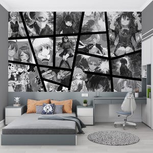 Carta da parati anime in bianco e nero, murale, decorazione per la stanza dei bambini, carta da parati anime per adolescenti, stacca e attacca il gioco, murale per la sala giochi giapponese