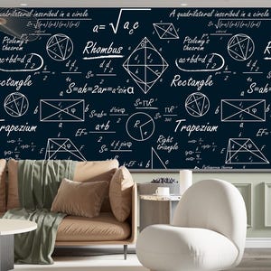 May include: A living room with a dark blue wall covered in white mathematical formulas and geometric shapes. A brown sofa with pillows and a green blanket is in front of the wall. A white chair and a small side table are also in the room.