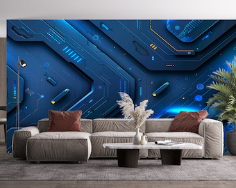 Papel tapiz de circuito, mural de arte de pared técnico, tecnología de alta tecnología, decoración de estilo cibernético, sala de juegos, sala de juegos para adolescentes, pelar y pegar, tamaño personalizado