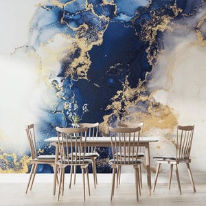 Blue & Gold Marble Wall Mural, Modern Abstract Art (peel and Stick ...