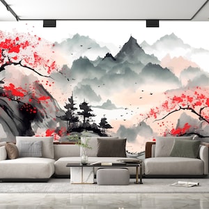Japanische Landschaft Sakura Wallpaper & Monochrome japanische Natur asiatische Vögel Wand Kunst Wandbild Schälen und Stick Dekor Home Zimmer