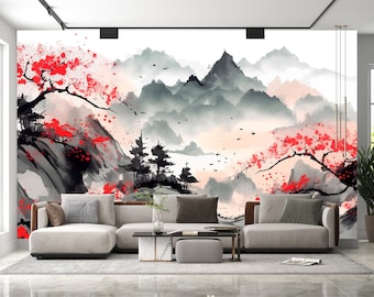 Sakura Japanese Landscape Wallpaper Mural, Asian Birds Peel and Stick Decor