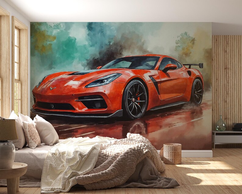 Watercolor Red Sports Car Wall Mural Boys Room Wallpaper Supercar Decor ...