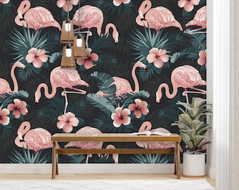 Tropical Flamingo Wallpaper Mural | Dark Floral, Peel and Stick