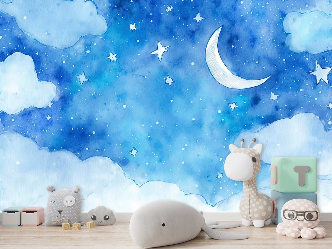 Cloudy Night Sky Kids Moon Wallpaper & Wall Art Mural Starry Sky ...