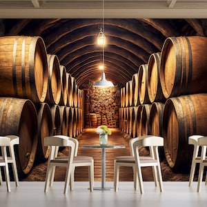 Wine Barrel & Wallpaper Wall Art Mural Wine Cellar Vault Oak Barrel Beer Bottles Peel and Stick Decor Home Room