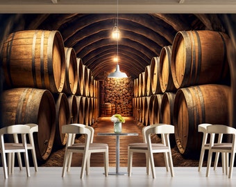 May include: A rustic wooden wine cellar with stacked barrels, a wooden floor, and a hanging light fixture. The barrels are arranged in rows on either side of a walkway.