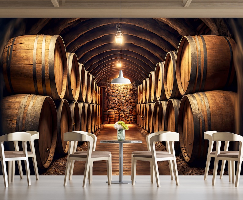 Wine Barrel & Wallpaper Wall Art Mural Wine Cellar Vault Oak Barrel