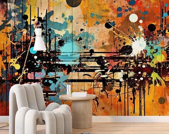 Urban Graffiti Backdrop Art Print Photomural Wallpaper Peel and Stick Large Wall Decal Abstract Urban Streat Art Graffiti Wallpaper Gift