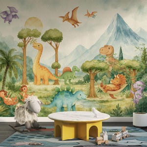 May include: A children's room with a dinosaur-themed mural. The mural shows various dinosaurs in a watercolour style, with a yellow table and a plush sheep toy in the foreground. The room has a playful and imaginative atmosphere.