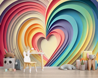 Rainbow Hearts Love Wall Art Mural & Wallpaper Colorful Heart Modern Decoration Love Abstract Peel and Stick Decor Home Room Custom Size