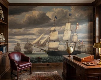 Mural przedstawiający Krzyż Południa w porcie w Bostonie, Fitz Henry Lane: tapeta z XIX-wiecznego klipera