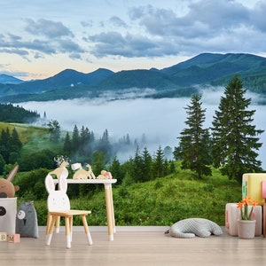 Summer Landscape Mountains & Blue Sky Wall Mural Wallpaper Misty Mountains Landscape Nature Foggy Peel and Stick Decor Wall Art Home