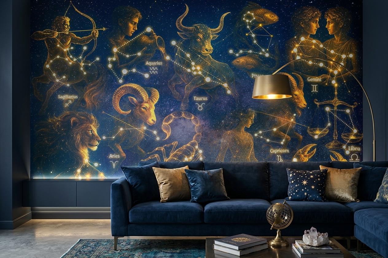 天体星座の壁画：ダークゴールドの星空銀河壁紙装飾 - Etsy 日本