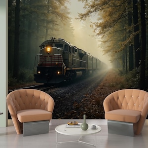 Train in Forest Wall Mural Steam Engine & Locomotive Wallpaper Peel and Stick Dark Moody Wallpaper Wall Art Mural Decor Accent Living Room