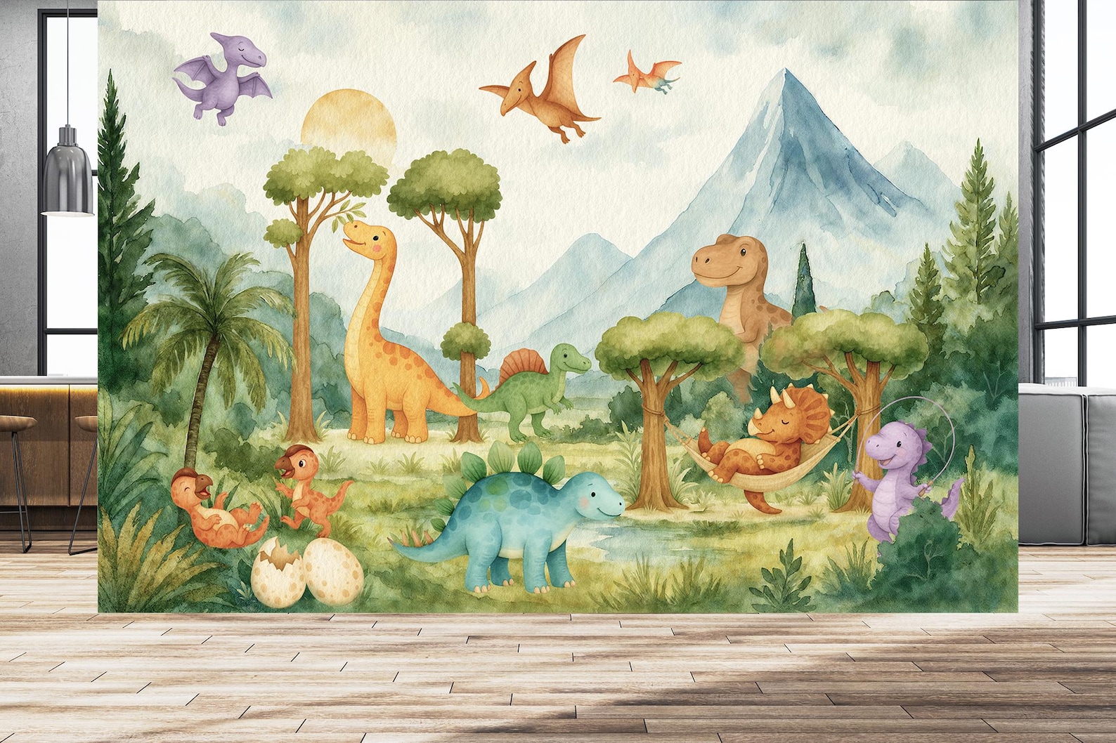 Watercolor Dinosaur Wallpaper Mural: Peel and Stick Dino Nursery Decor ...