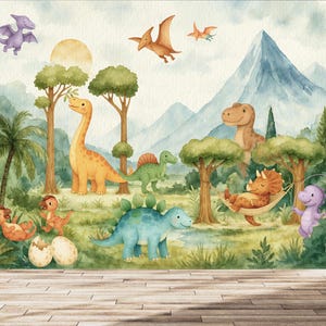 May include: A watercolour illustration depicting a dinosaur scene. It shows various dinosaurs, such as a Brontosaurus, T-Rex, and Triceratops, in a green environment with trees, mountains, and flying pterodactyls. The artwork uses a soft, pastel colour palette.