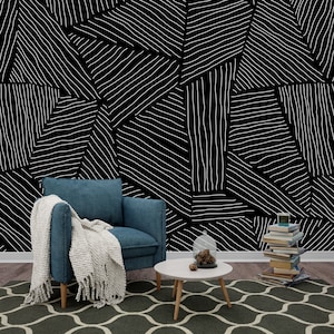 Carta da parati geometrica astratta in linea, murale in bianco e nero, moderna arte murale, decorazione staccabile e adesiva per la casa