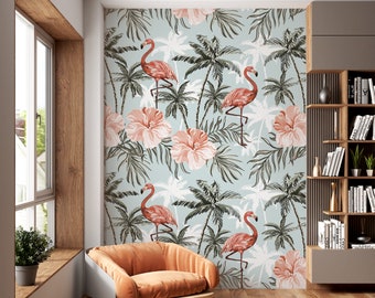Rosa Flamingo Tapete Tropische Flamingoblätter und Palmen Wandbild Zimmer Wandgestaltung Art Deco Schälen und Stick Dekor