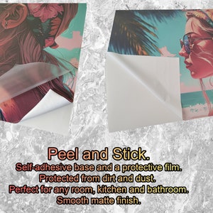May include: Two peel and stick wall decals featuring a woman with sunglasses and a tropical background. The decals have a self-adhesive base and a protective film to protect them from dirt and dust. The text "Peel and Stick" is visible on the bottom of the image.