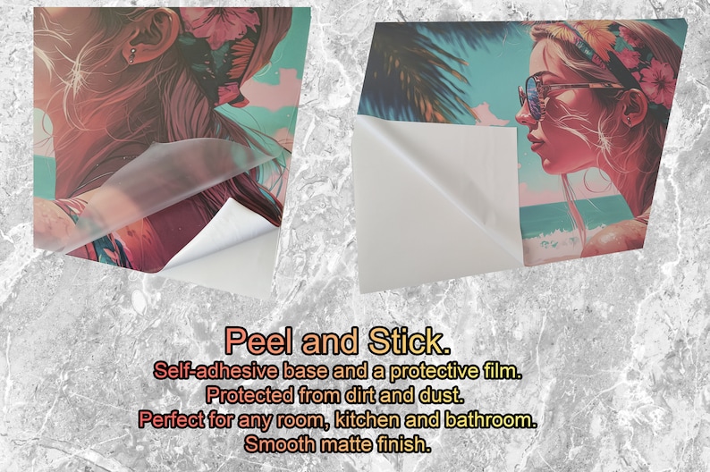 May include: Two peel and stick wall decals featuring a woman with sunglasses and a tropical background. The decals have a self-adhesive base and a protective film to protect them from dirt and dust. The text "Peel and Stick" is visible on the bottom of the image.
