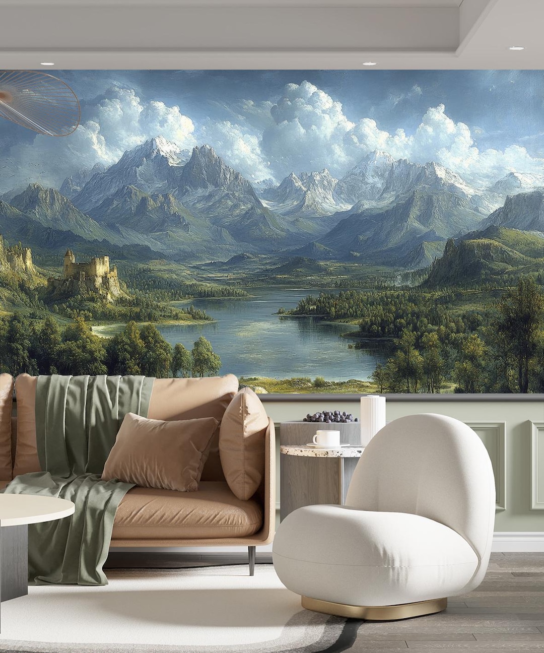 Panoramic Mountain Lake Mural Classic Landscape Wallpaper Nature Wall ...