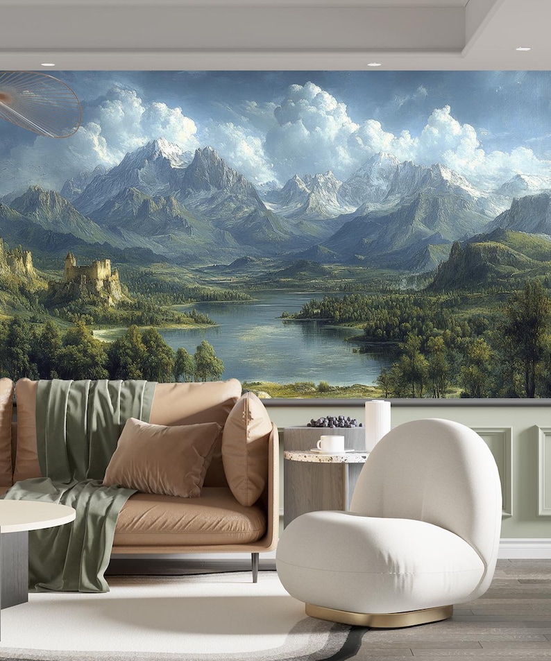 Panoramic Mountain Lake Mural Classic Landscape Wallpaper Nature Wall ...