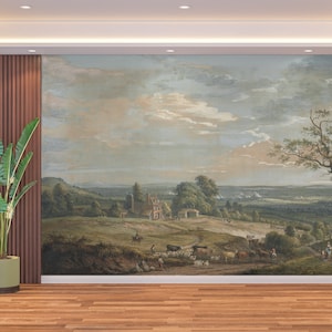Rural Landscape Scene Wallpaper Mural - Vintage Reproduction, Peel and Stick
