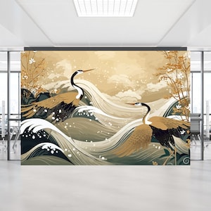 Papel tapiz de garza chinoiserie y mural de pared de pájaros grulla, arte mural japonés floral chino, decoración despegable y adhesiva para el hogar