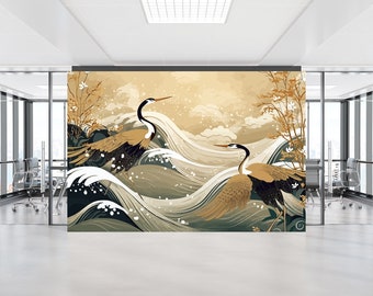 Chinoiserie Crane Wallpaper Wandbild, Schälen und Stick Floral Wandkunst