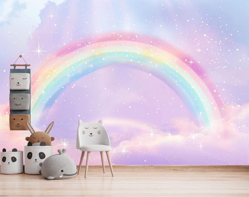 Rainbow Wallpaper Wall Mural Watercolor Rainbow Wallpaper for Kids Room ...