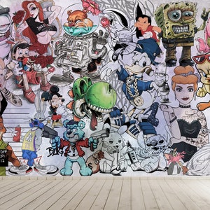 Cartoon behang en muurkunst muurschildering Graffitipersonages Cartoon stedelijke woonkamer Street Art Design Peel-and-Stick Decor Home Room