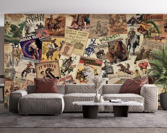 Western Retro Posters Wallpaper & Wall Mural Comics Style Cowboy Rodeo Vintage Collage Wall Mural Southwestern Art Deco Peel and Stick Decor