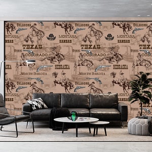Carta da parati western e murale vintage da cowboy, stile fumetti retrò, decorazione da parete sud-occidentale, stacca e attacca, decorazione per la casa