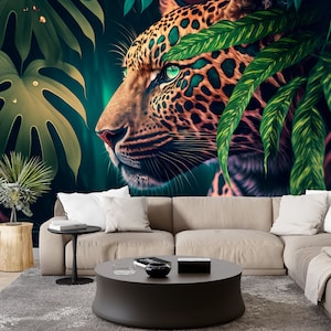 Carta da parati con giaguaro che osserva la sua preda, murale con foresta tropicale e safari, carta da parati Art Deco con animali della giungla, stacca e attacca, dimensioni personalizzate