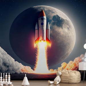 Rakete & Mond Tapete Tapete Luft Raumschiff Raumfähre Mond Wandbild Kinderzimmer Kinderzimmer Wandbild Spielzimmer Tapete Schälen und Aufkleben
