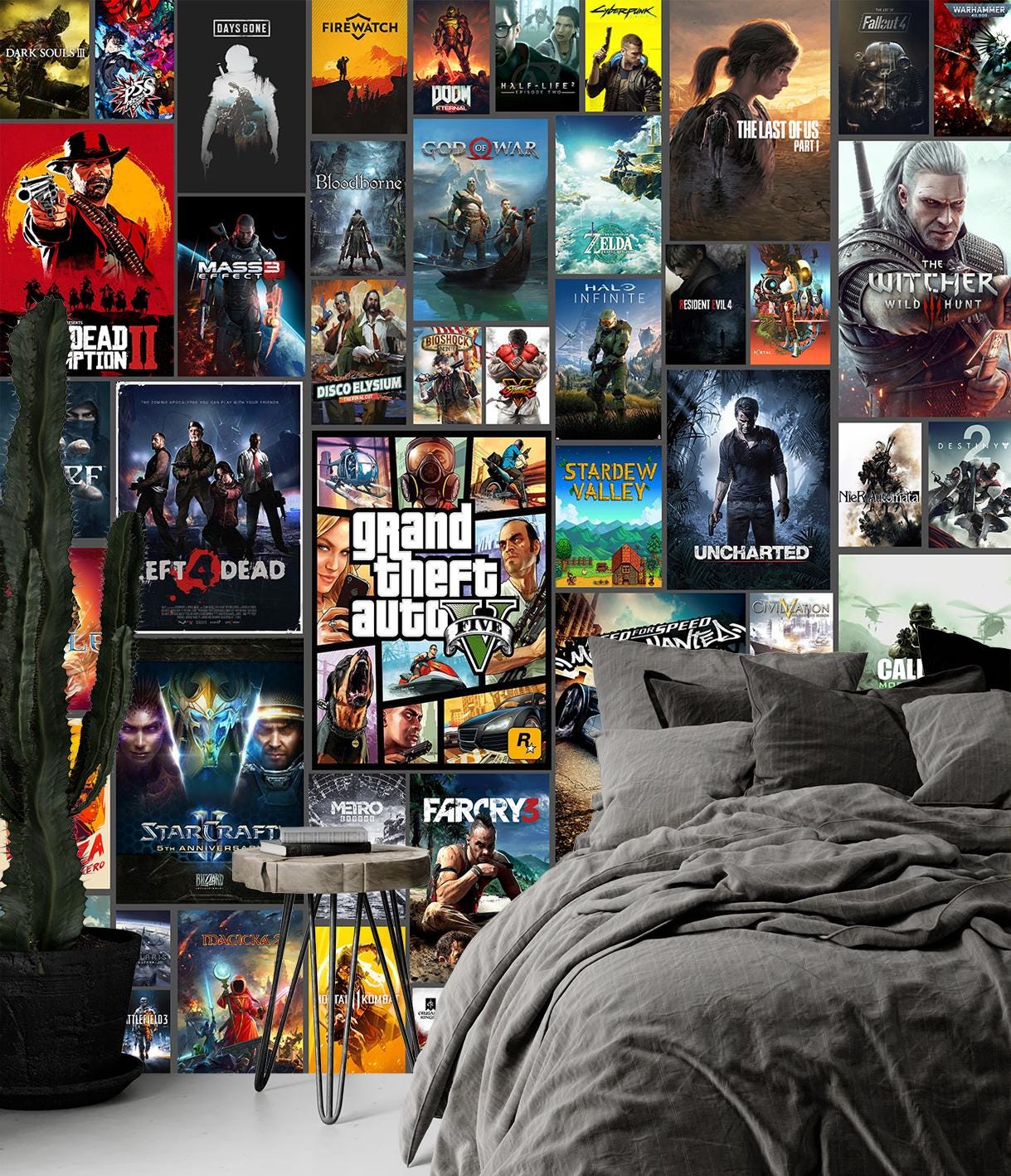Famous Games Wallpaper & Wall Art Mural Modern Video Game Posters Collage Mural Peel and Stick Gaming Wall Mural For Kids Boy Teenage Room