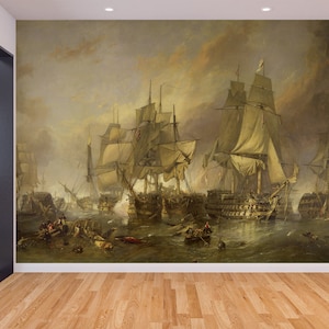 Ship Battle of Trafalgar Reproduction & Old Sailboat Wall Art Mural Wallpaper Rural Vintage Retro Peel and Stick Decor Home
