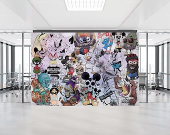 Cartoon graffiti behangmuurschildering, stedelijke straatkunst decoratie