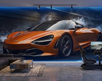Behang oranje sportwagen: snelle racevoertuigen voor jongenskamer