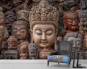 Sacred Buddha Heads Wallpaper Mural, Vintage Wood Carvings