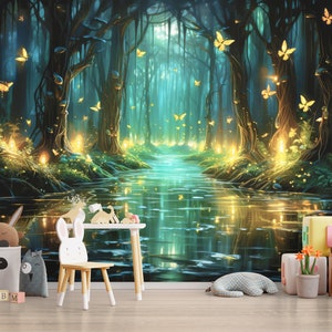 Papier peint forêt magique de conte de fées, art mural, chambre d'enfant, forêt enchantée, bois mystiques, décoration de chambre, autocollant, taille personnalisée