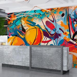 Neutral Basketball Wall Mural Basketball Background Kids Playroom Wallpaper Sports Boys Style Peel and Stick Decor Teenager&#39;s Room