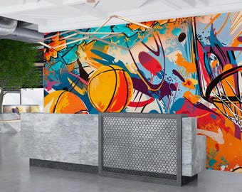 Neutral Basketball Wall Mural Basketball Background Kids Playroom Wallpaper Sports Boys Style Peel and Stick Decor Teenager's Room