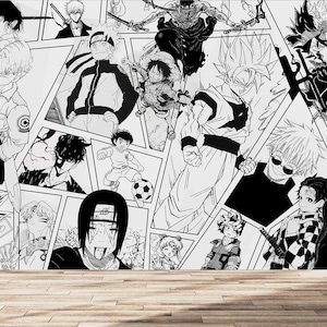 Anime Manga Wallpaper Black and White Wall Mural Japanese Anime Wallpaper Decor Aesthetic Comic Room Peel and Stick Playroom Boys Wall Mural