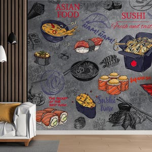 May include: A wall mural featuring a hand-drawn style illustration of Asian food and sushi. The design includes bowls of noodles, sushi rolls, and text like "Sushi Time" and "Fresh and Tasty" on a gray background.