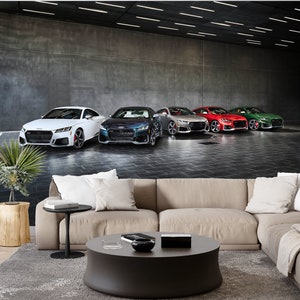Papel de parede com mural de carros esportivos, removível e adesivo, garagem com papel de parede de carro, mural de parede para adolescentes, arte impressa, decoração de parede infantil, tamanho personalizado